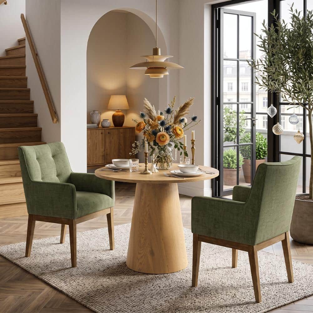 Small Space Dining Set for 2, Round Pedestal Table with Solid Wood Legs, Green Upholstered Solid Wood Tufted Armchairs