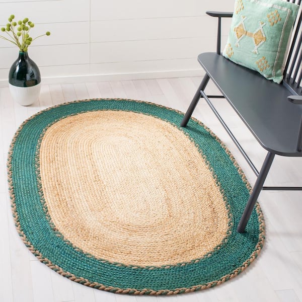 Natural Fiber Beige/Green Doormat 3 ft. x 5 ft. Border Woven Oval Area Rug