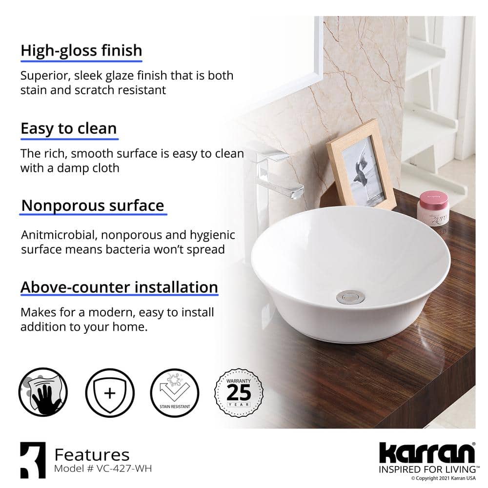 Valera White Ceramic Round Vessel Bathroom Sink, 16.5 inches