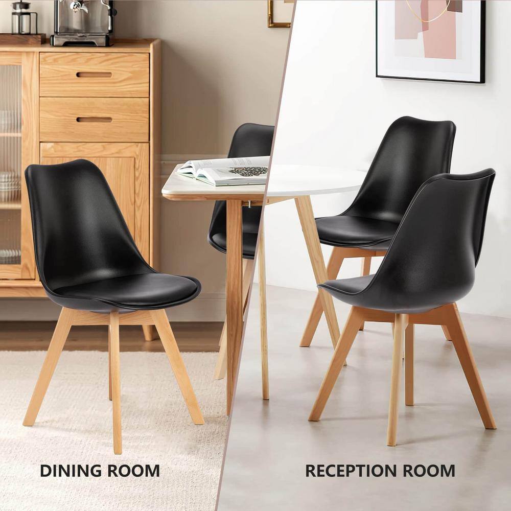 Black Faux Leather Upholstered Dining Side Chairs with Wood Legs, Set of 4