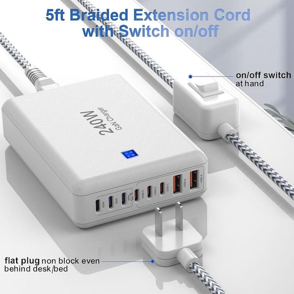 300W USB C Charging Station For Multiple Devices, 8 Port Multi Device Fast Macbook Iphone 15 Phone Ipad Tablets Black 6 Mixed Short Cables Included - View #13