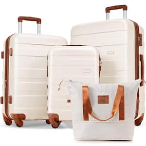 Lightweight Durable 4-Piece Ivory and Brown Expandable ABS Hardshell Spinner Luggage Set with Travel Bag, TSA Lock