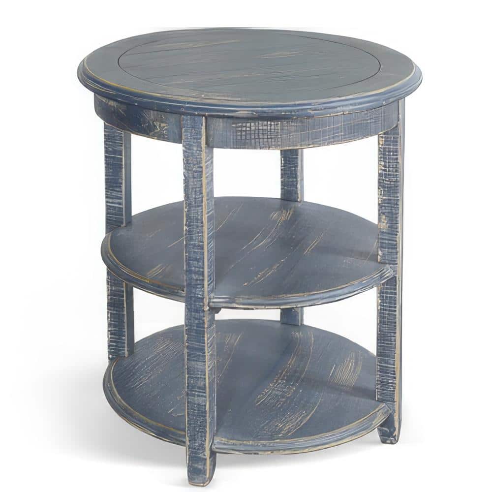 Distressed Blue Mahogany Round Side Table with Scalloped Trim