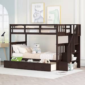 Stairway Espresso Twin Over Twin Wood Bunk Bed with 3 Drawers and 4 Storage Staircase, Can be Separated into 2 Beds