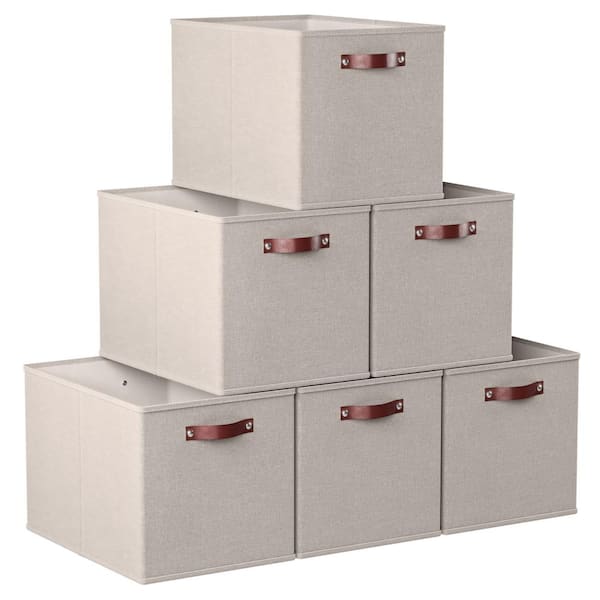 Ornavo Home Foldable Kallax Storage Bins Linen Shelf Basket Cube with Leather Handles - 13 in. x 15 in. x 13 in. 6-Pack