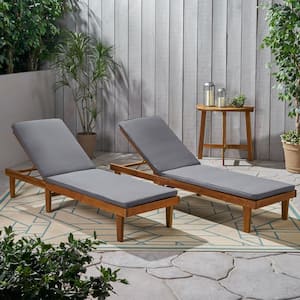Nadine Teak Brown 2-Piece Wood Outdoor Chaise Lounge with Grey Cushions