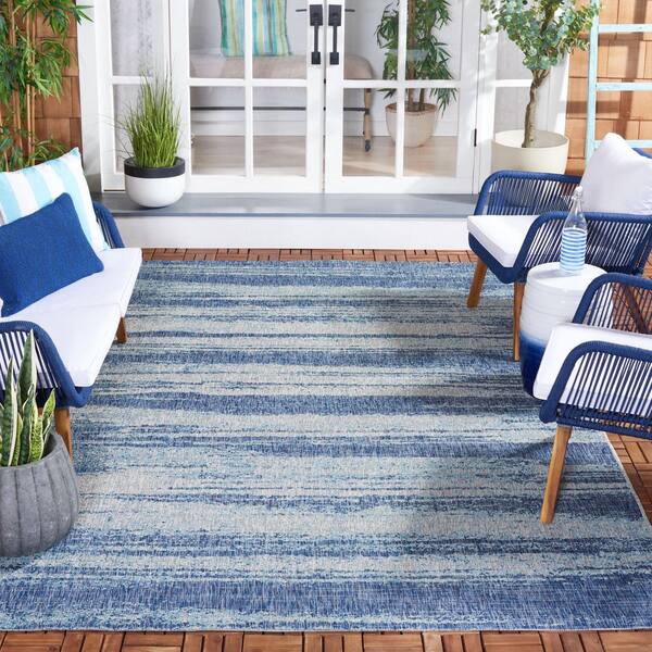 Courtyard Gray/Blue 7 ft. x 10 ft. Blurred Striped Indoor/Outdoor Area Rug