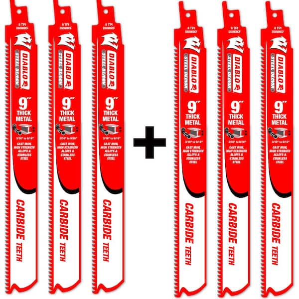 DIABLO 9 in. 8 TPI Steel Reciprocating Saw Blades for Thick Metal Cutting 3pk with 3 Bonus Carbide Blades (6-Pack)