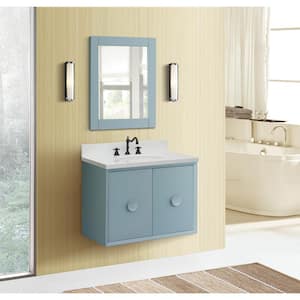 Stora 31 in. W x 22 in. D Wall Mount Bath Vanity in Aqua Blue with Quartz Vanity Top in White with White Oval Basin