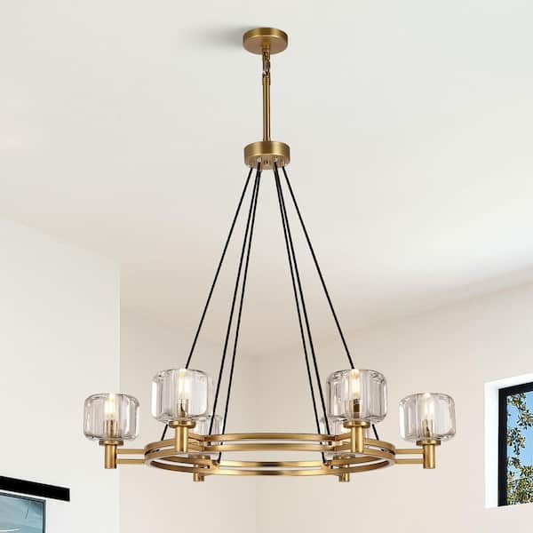 36 in. 6-Light Gold Farmhouse Wagon Wheel Chandelier with Crystal Lampshade for Dining Room, Living Room, Kitchen Island