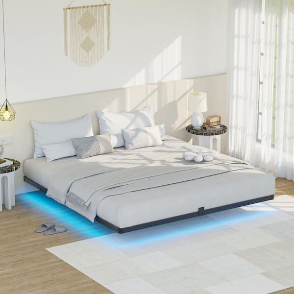 7.7 in. Black LED Floating Bed Frame King Platform Bed