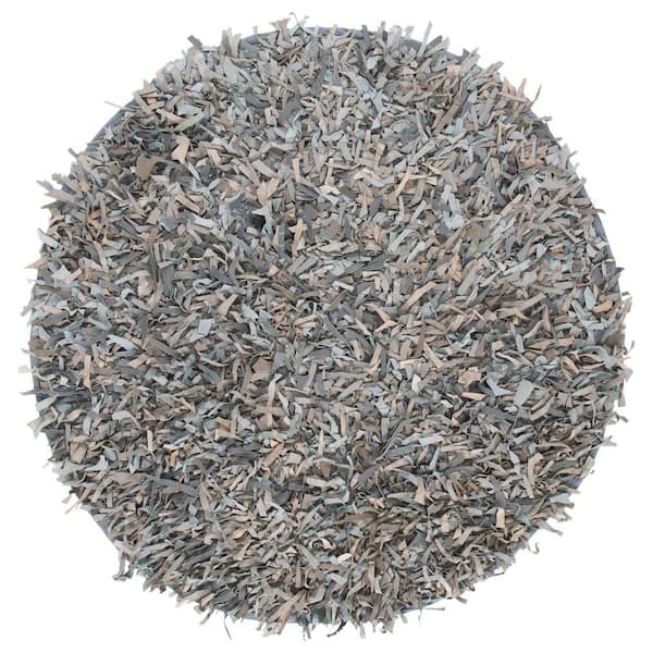 Leather Shag 5 ft. x 5 ft. Round Gray/Beige Solid Color Gradient Area Rug
