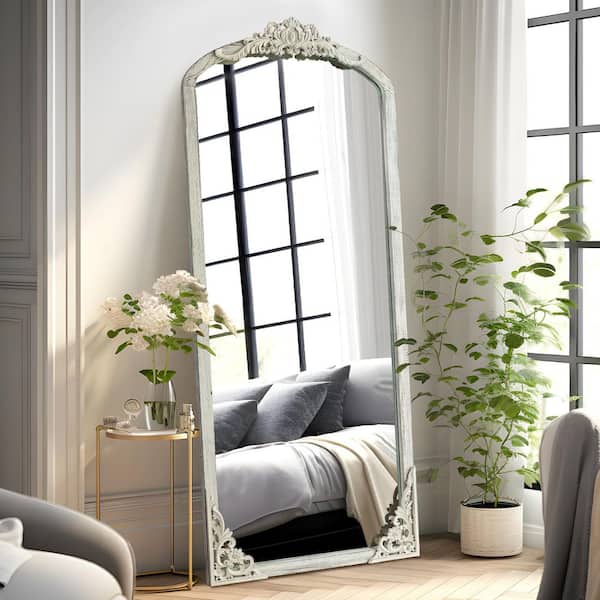 White 21 in. W x 64 in. H Right Angled Micro Arched Solid Wood Carved Full Length Mirror (No Bracket)