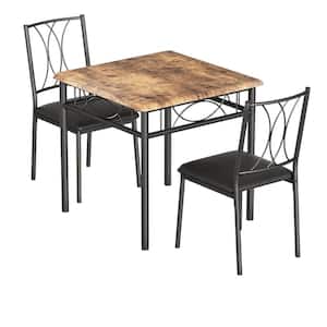 Rustic Brown 3-Piece Wood Indoor Outdoor Dining Set for 2 with Brown Cushions and 2 Upholstered Chairs