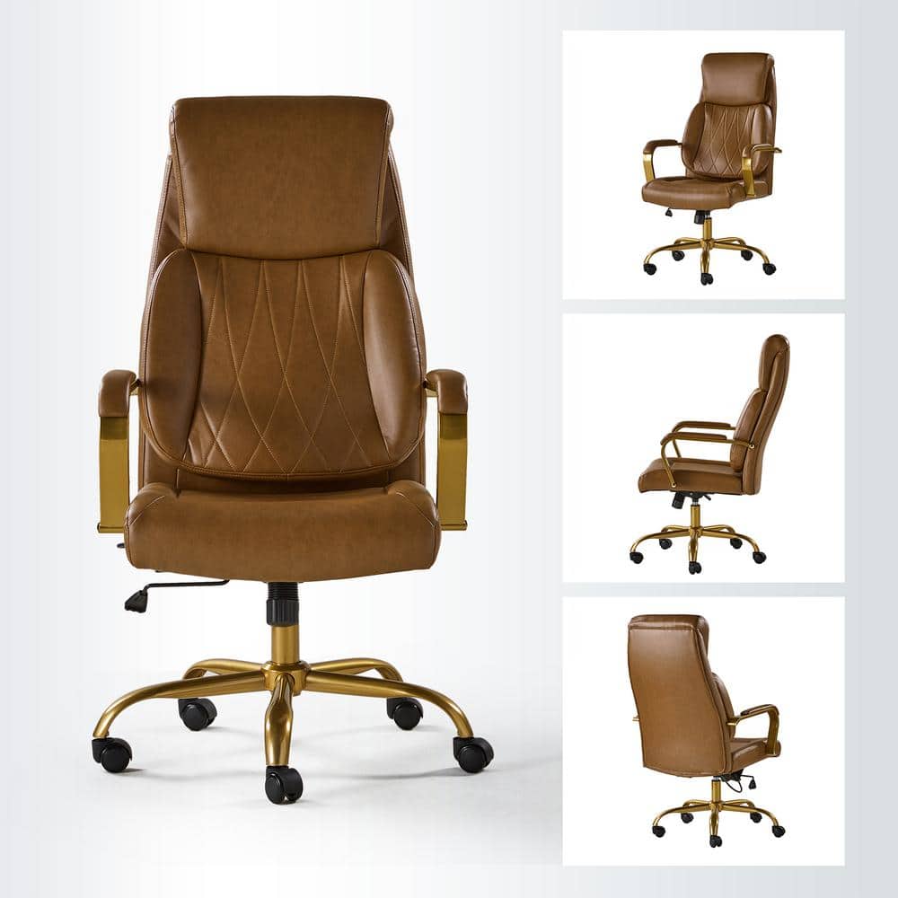 Jill Mid-Century Modern Camel Vegan Leather Ergonomic Office Chair with Lumbar Support - Thumbnail 2