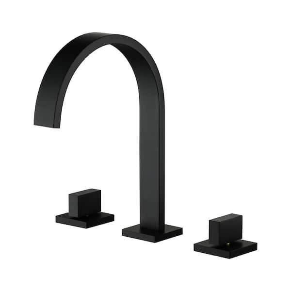 Boyel Living Modern Waterfall Brass 8 in. Widespread Double Handle 1.5 GPM Bathroom Faucet with Water Supply Lines in Matte Black S2