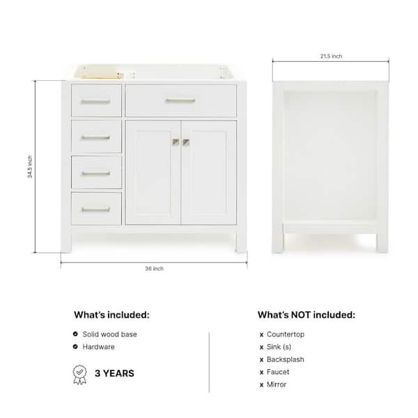 Bristol 36 in. W x 21.5 in. D x 34.5 in. H Freestanding Bath Vanity Cabinet without Top in White