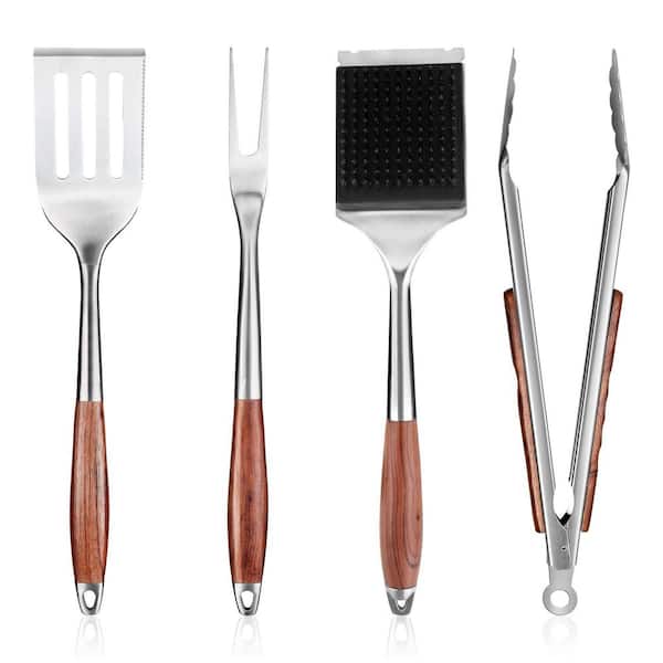 Heavy-Duty Grilling Accessories, Rose Wooden BBQ Grilling Tools Set, Outdoor Grill Set with Spatula, Fork, Brush & Tongs