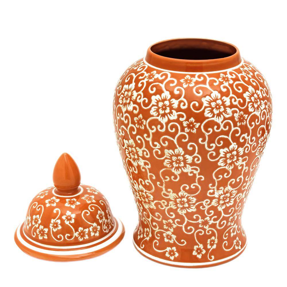 18" Orange and White Floral Porcelain Temple Jar