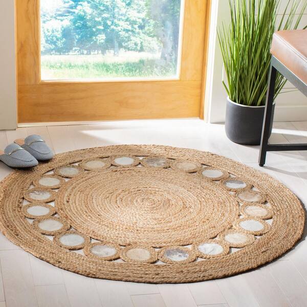 Natural Fiber Beige/Gray Doormat 3 ft. x 3 ft. Round Solid Area Rug