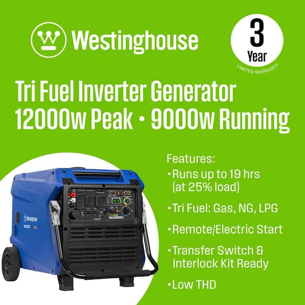 12,000-Watt Remote Electric Start Tri Fuel Gas, Propane, Natural Gas Powered Inverter Generator with CO Sensor