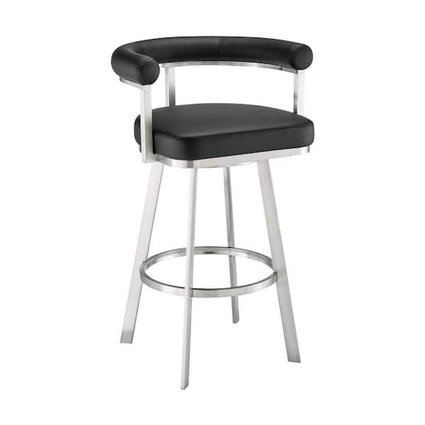 Benjara 30 in. Black and Silver Low Back Metal Frame Barstool with Faux Leather Seat