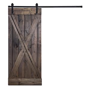 Modern X Style Series 42 in. x 84 in. Otter Brown stained Knotty Pine Wood DIY Sliding Barn Door with Hardware Kit