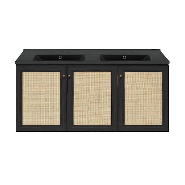 Classe 48 in. Wall-Mounted Bath Vanity in Black Oak with Black Ceramic 3-Hole Widespread Double Basin Sink Top