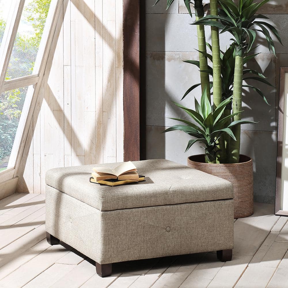 Beige Tufted Square Storage Ottoman with Graduated Legs