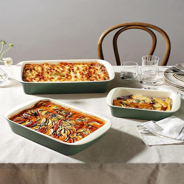 3-Piece Green Deep Casserole Dishes, Ceramic Baking Dish Set with Roasting Racks, Large Lasagna Pans with Handles