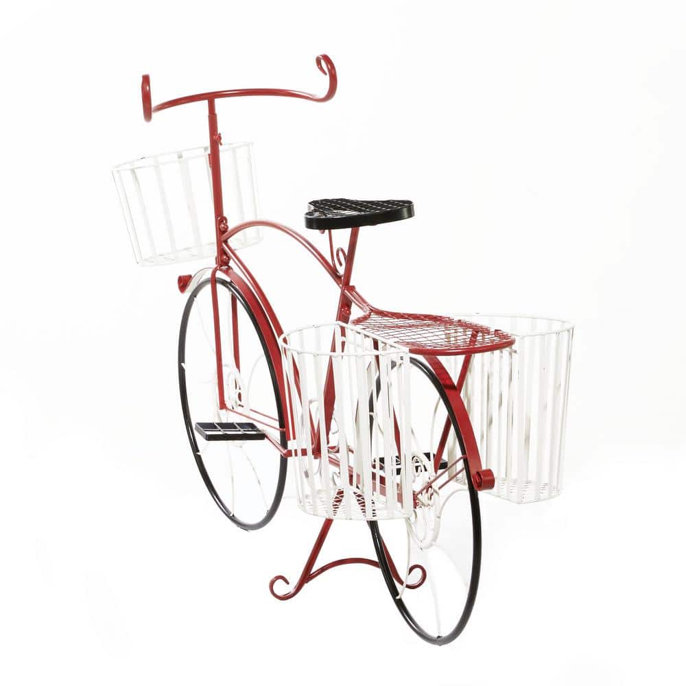 Red Metal Bicycle Plant Stand with White Baskets