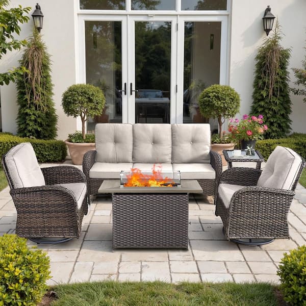 Pocassy Brown 5-Piece Wicker Outdoor Glider Chair Patio Deep Seating with Rectangular Fire Table and Beige Cushions