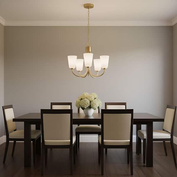 Miles 5-Light Satin Brass with White Glass Shades Transitional Dimmable Chandelier