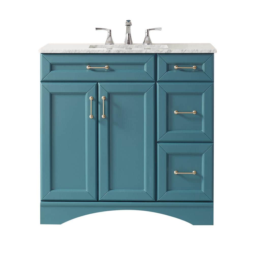 ROSWELL Naples 36 in. Bath Vanity in Green with Carrara Marble Vanity Top in White with White