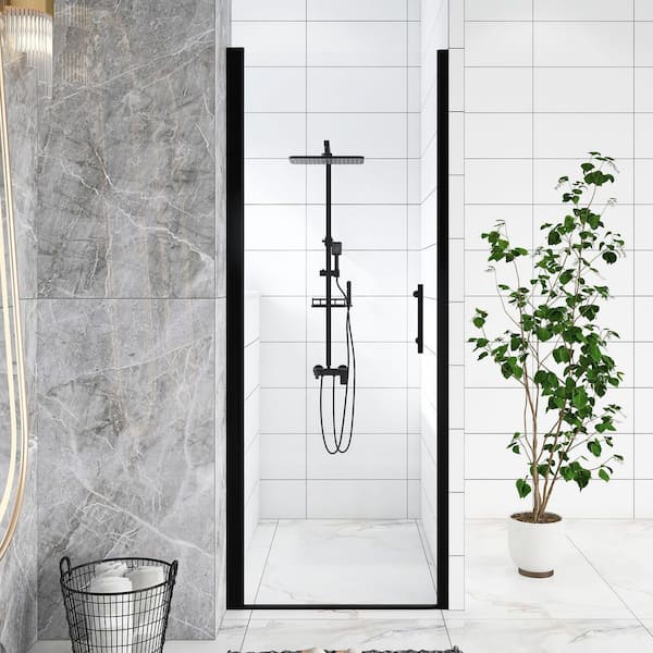 28 in. W x 72 in. H Pivot Aluminum Semi-Frameless Shower Door in Matte Black Finish with Tempered Glass