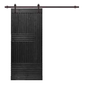 Japanese 42 in. x 84 in. Pre Assemble Black Stained Wood Interior Sliding Barn Door with Hardware Kit