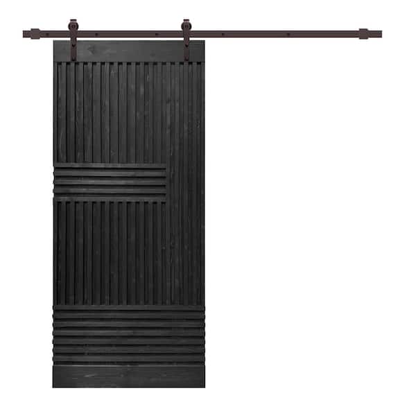 CALHOME Japanese 42 in. x 84 in. Pre Assemble Black Stained Wood Interior Sliding Barn Door with Hardware Kit