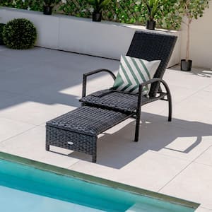 Patio Wicker Elastic Sponge Lounge Chair Back Adjustable with Retractable Ottoman