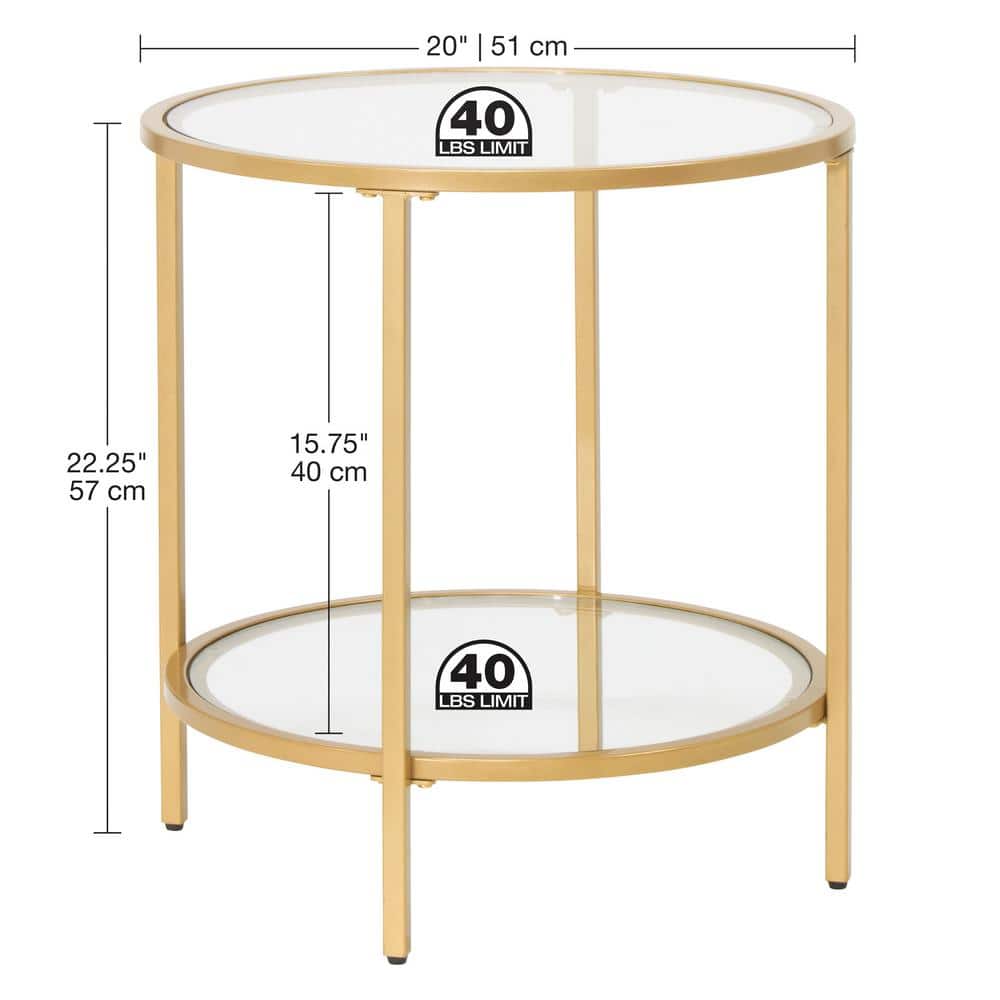 Gold Round Metal and Glass End Table with Dual Shelves