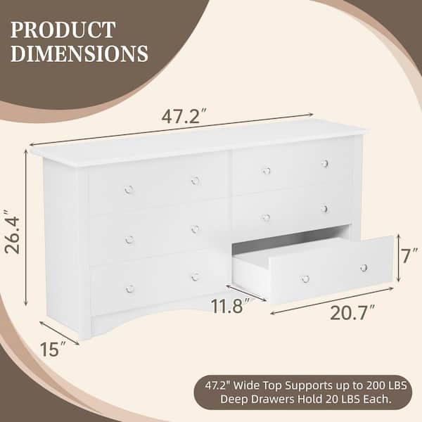LACOO 47.2 in. 6 Drawer Double Dresser, MDF Chest Of Drawers Storage Tower Storage for Living Room Bedroom, White V-WD-0158A-WT - The Home Depot LACOO 47.2 in. 6 Drawer Double Dresser, MDF Chest Of Drawers Storage Tower Storage for Living Room Bedroom, White V-WD-0158A-WT - The Home Depot