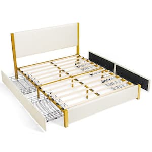Beige Wooden Upholstered Bed Frame Queen Size Platform Bed with Adjustable Headboard and 4-Drawers, Not Need Box Spring