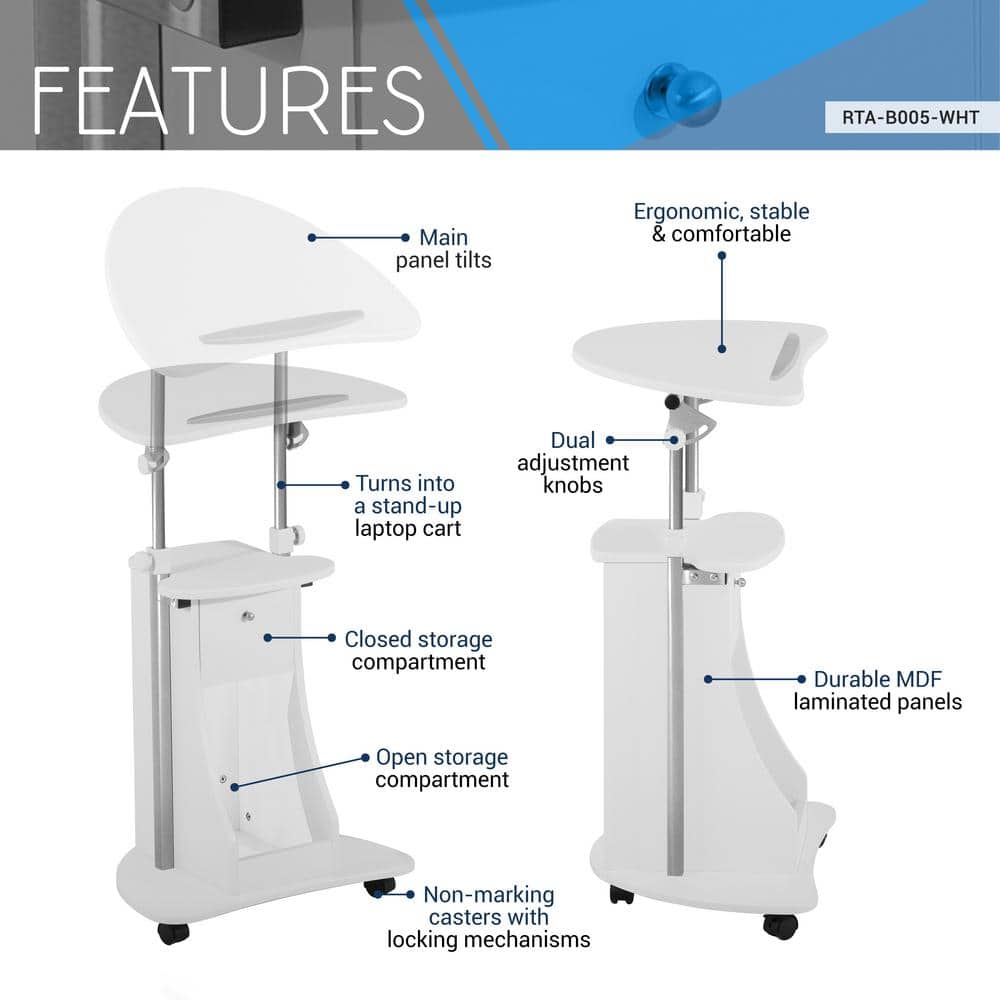 White Adjustable Height Rolling Laptop Cart with Storage Cabinet