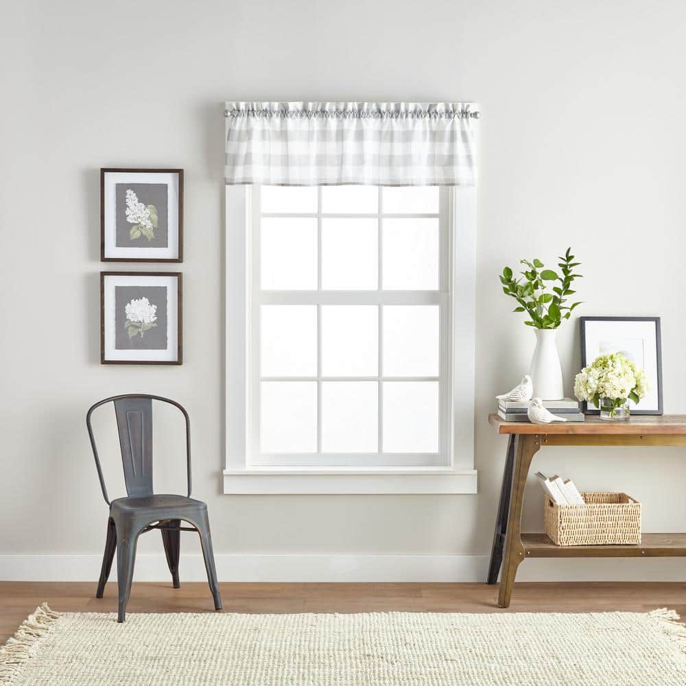Gray and White Buffalo Check Polyester Cotton Valance and Tier Set