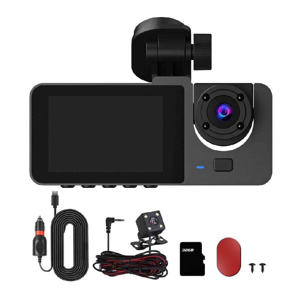 3-Channel Dash Cam with 32GB MMC Card, G-Sensor, Night Vision, Motion Detec