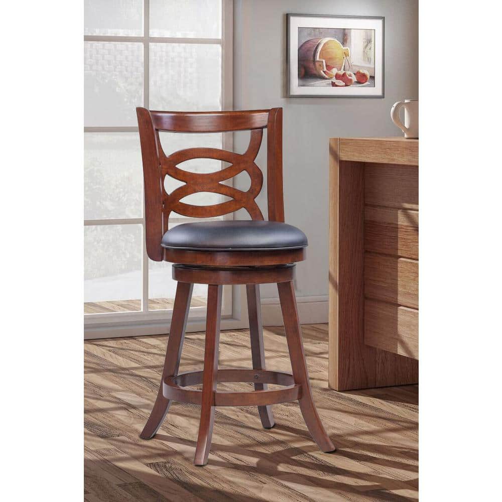 Walnut Brown 24" Swivel Leatherette Counter Stool with Interlocking Backrest
