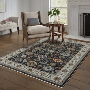 Ambrose Blue Doormat 3 ft. x 5 ft. Vintage Oriental Medallion Polyester Fringe Edge Indoor Area Rug