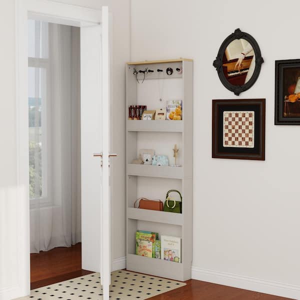 69 in. Tall Bookcase with 4-Shelves and 5-Hooks Wall Mounted Space-Saving Narrow Storage Cabinet for Living Room Kitchen