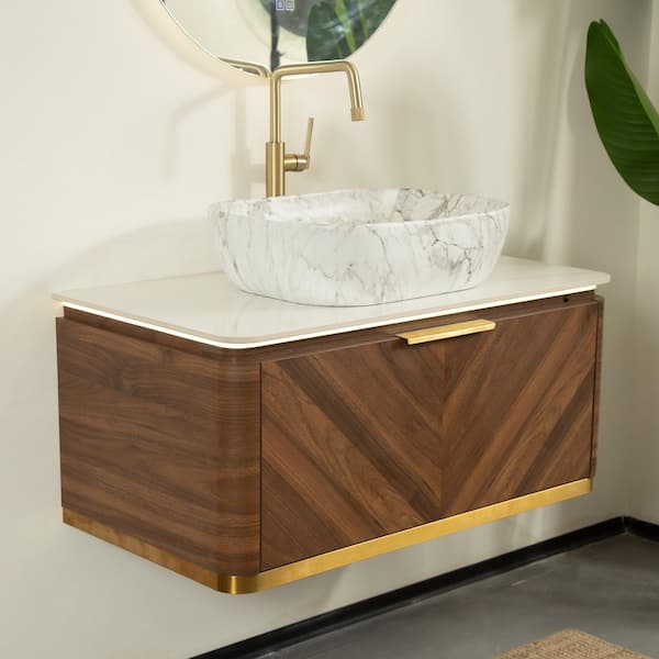 Loiry 36 in. Single Sink Floating Dark Walnut Bath Vanity with Calacatta Gold Sintered Stone Top Unassembled