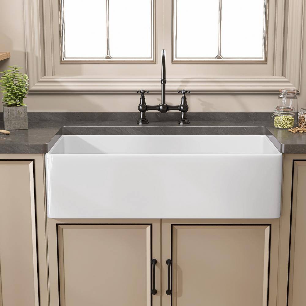 33" White Fireclay Farmhouse Apron-Front Kitchen Sink with Accessories