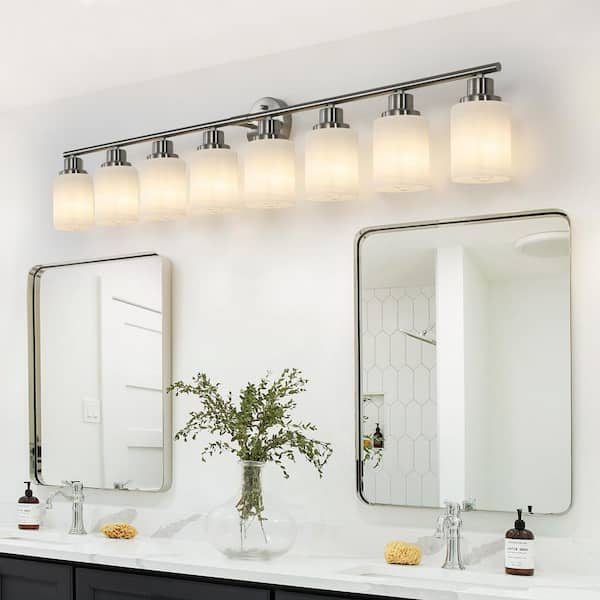 52 in. 8 Light Nickel Bathroom Vanity with Frosted White Glass, Modern Wall Sconce for Dressing Room, Bulbs NOT Included